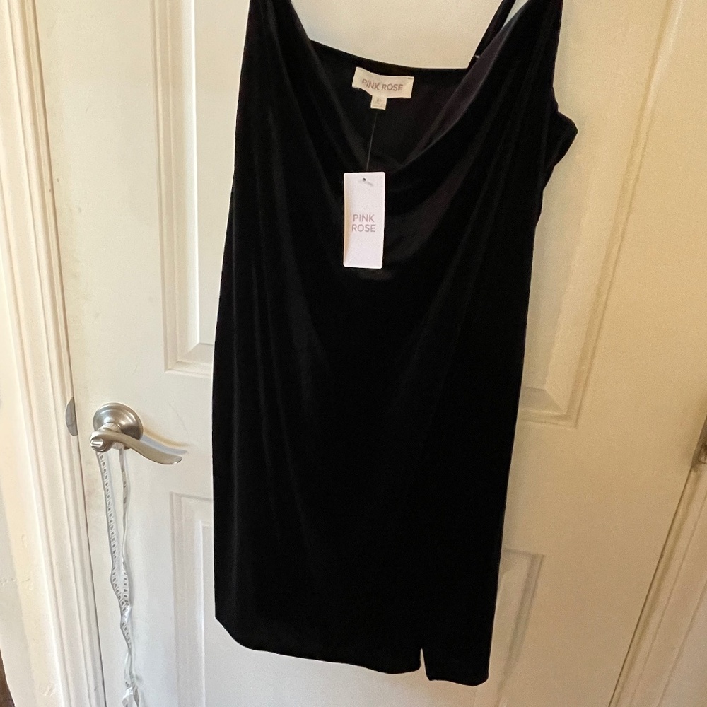 Black, cowl neck, velvet mini dress. NWT, by Pink Rose, size XL.
